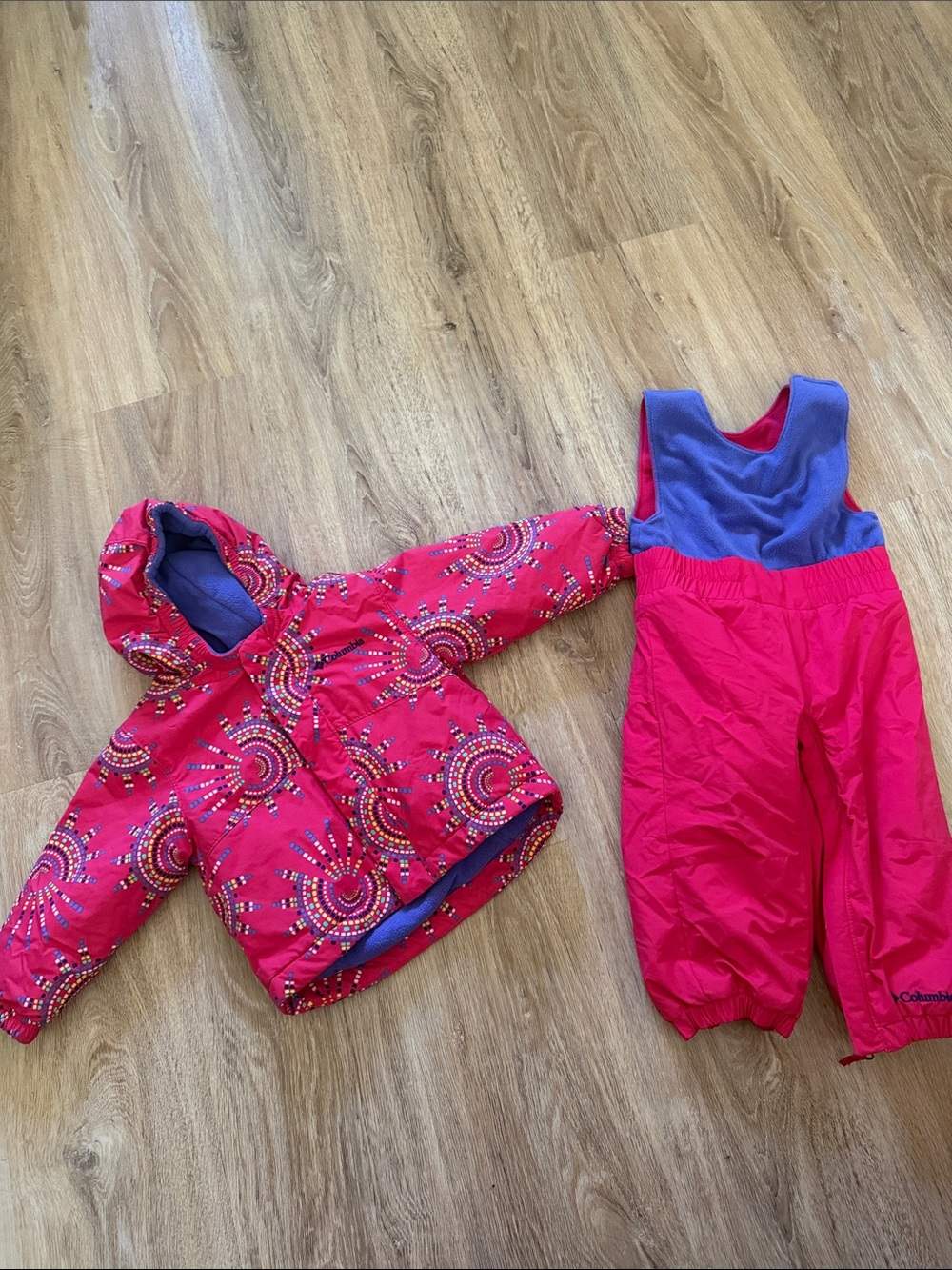 Columbia Girls Pink Patterned Puffer Jacket and Matching Snow Bib